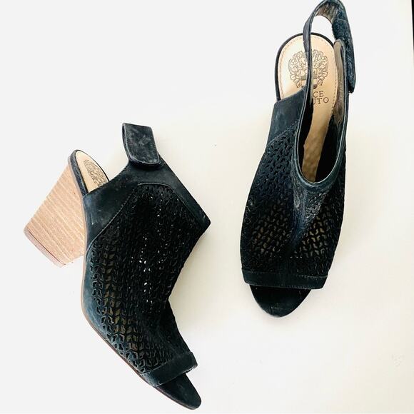VINCE CAMUTO Black Leather Cutout Slingback Open Toe Sandals Chunky Heel Shoe 10 - Picture 1 of 14